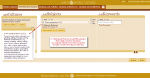 Advanced Search for using "Add Subject" to match a topic (e.g. OCM subject "food preparation” to match “cooking practices”).