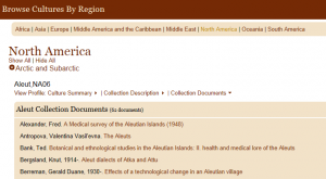 The Collection Documents section in Browse Cultures of eHRAF World Cultures showing collected ethnographic works for the Aleut, a culture in the Arctic region of North America