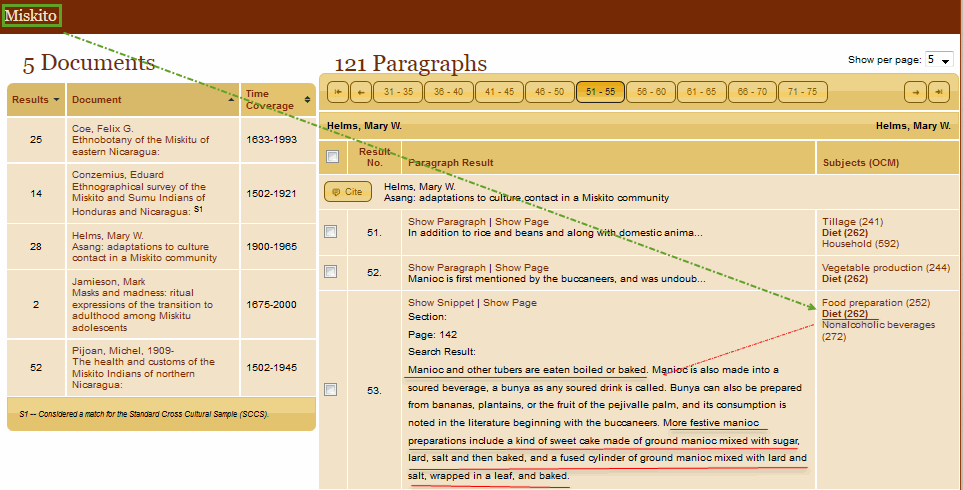 Display of results from document collections (complete in Browse Cultures) - by culture name, document title with date coverage, searched OCM subject in bold, view of text snippet with links to a paragraph and to paragraphs-within-a-page.