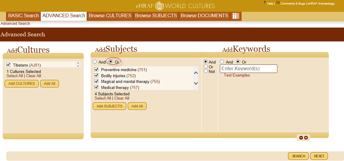 Searching for Tibetan medical treatments in eHRAF World Cultures.  This Advanced Search uses the "Add" function for culture names and subjects.