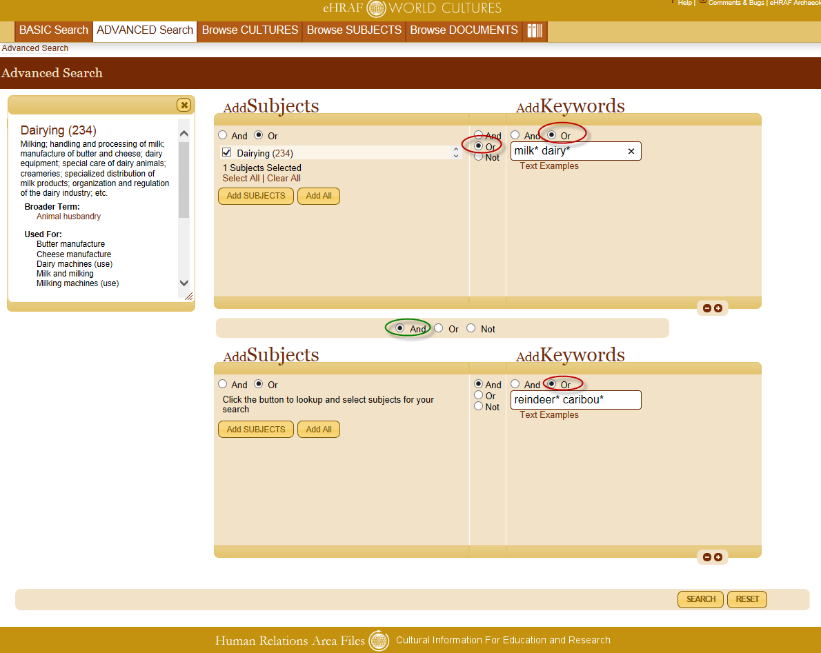 Advanced Search in eHRAF World Cultures using an OCM subject for "dairying" and keywords.