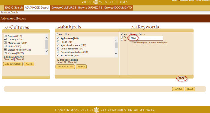 Fig 3. How to add the keyword “taro” and add additional clauses to the Advanced Search 