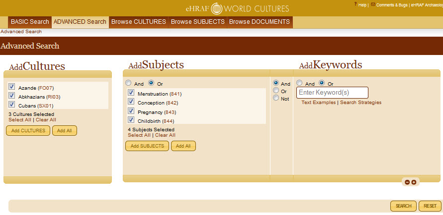 Screenshot of an eHRAF Advanced Search with selected cultures and subjects associated with reproductive stages.
