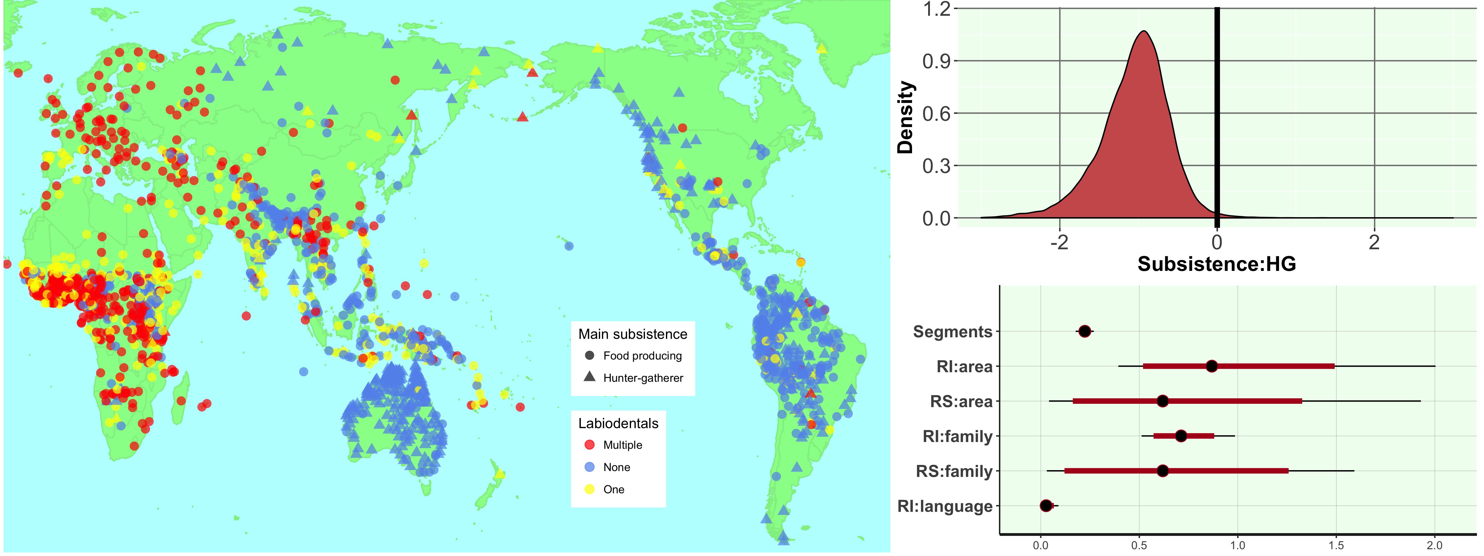 A map from Dr. Blasi's talk illustrates the global distribution of labio-dental sounds in human society's, overlayed with the subsistence systems. Map courtesy Damián Blasi.