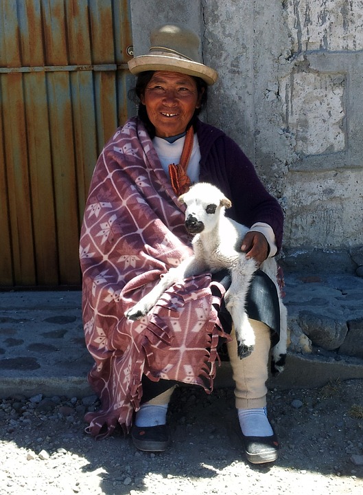 Peruvian woman with lamb.