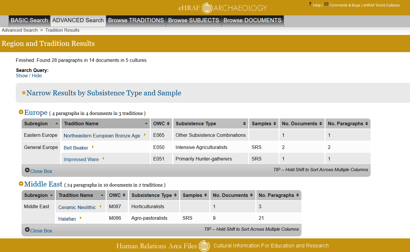 Screenshot of tholos search results from eHRAF