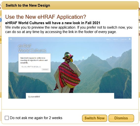 Screenshot of switch to new design prompt popup window for eHRAF