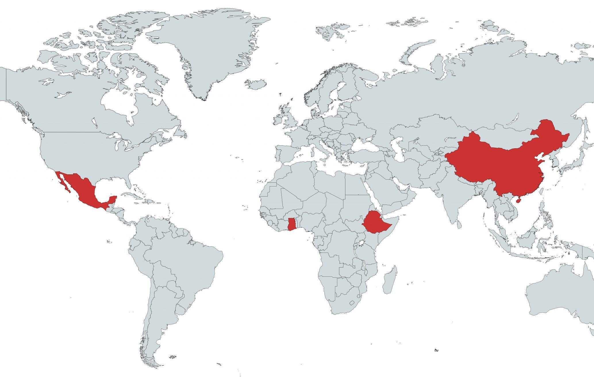 Map with Mexico, China, Ghana and Ethiopia indicated