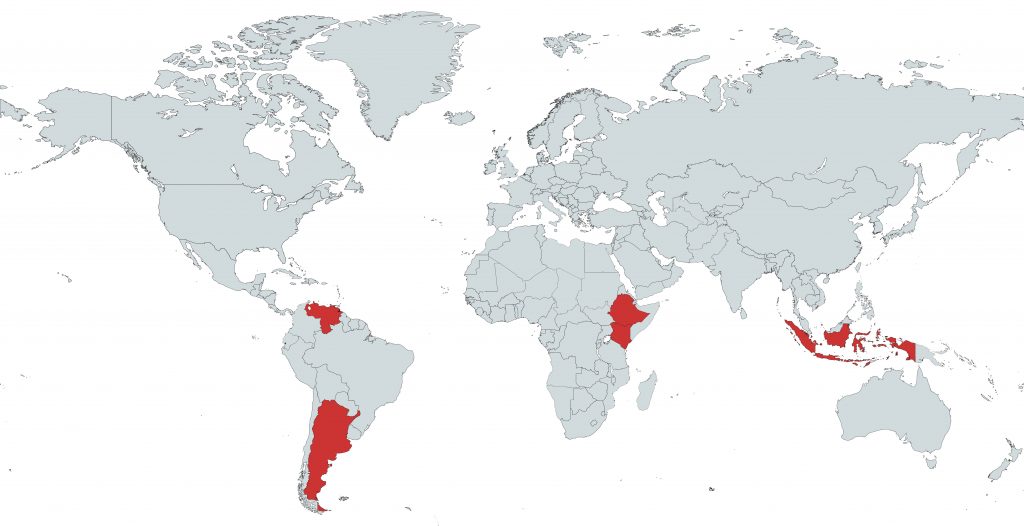 A map with the following countries highlighted: Argentina, Ethiopia, Indonesia, Kenya, and Venezuela