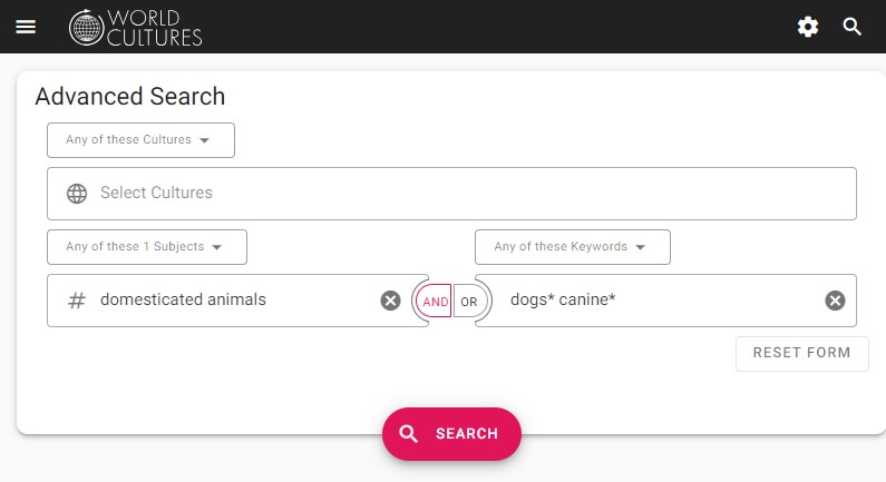 Advanced Search using OCM identifier 231 – Domesticated Animals in the subjects box and the keywords dog* and canine*
